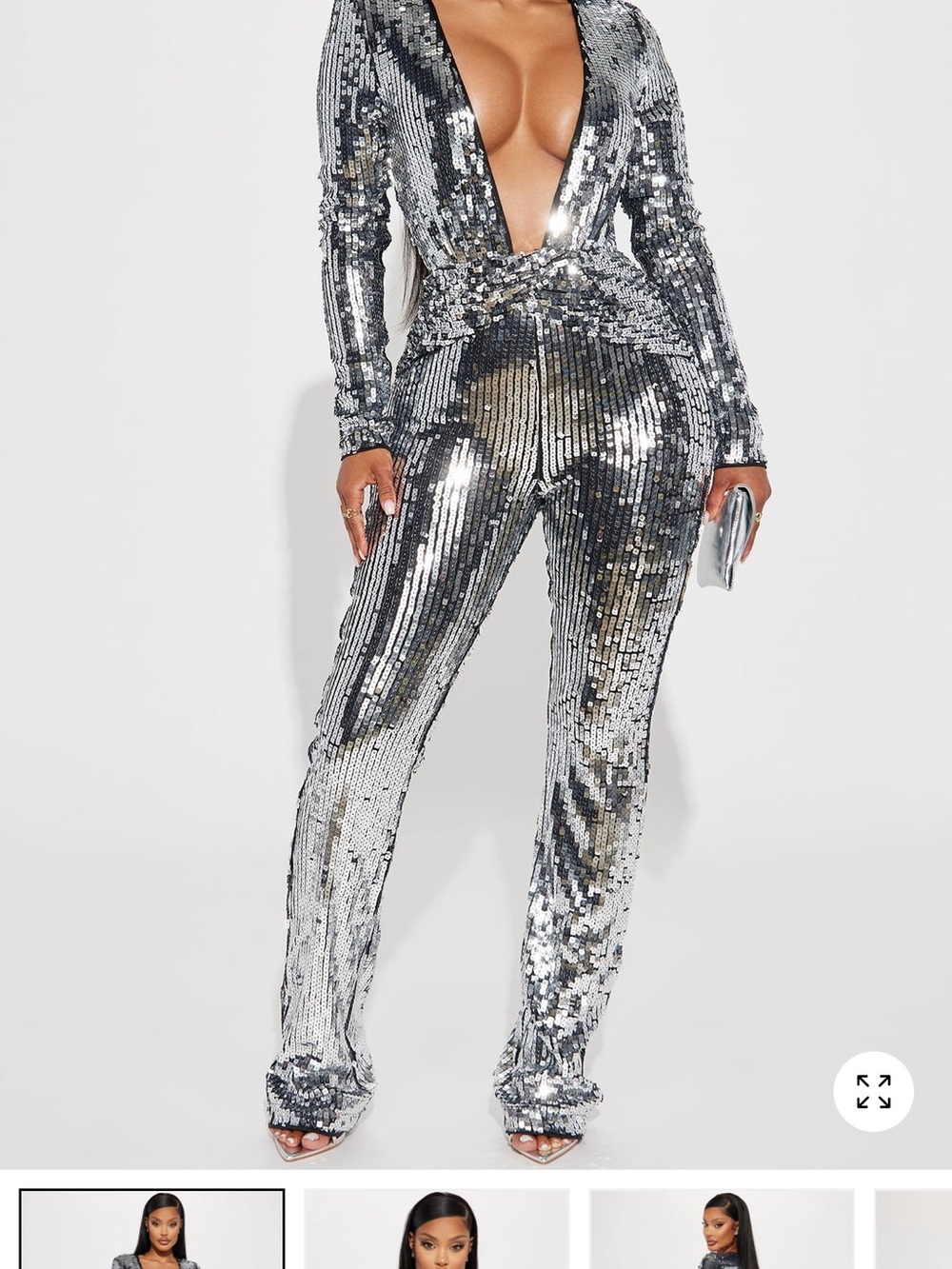 Silver Sequin Deep-V Jumpsuit